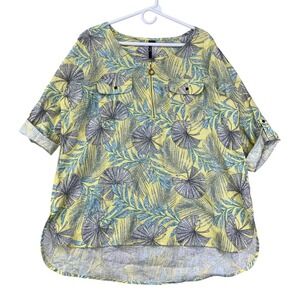 Cathy Linen Blouse Womens XL Blue‎ Yellow Tropical Leaf Print Beach Lagenlook